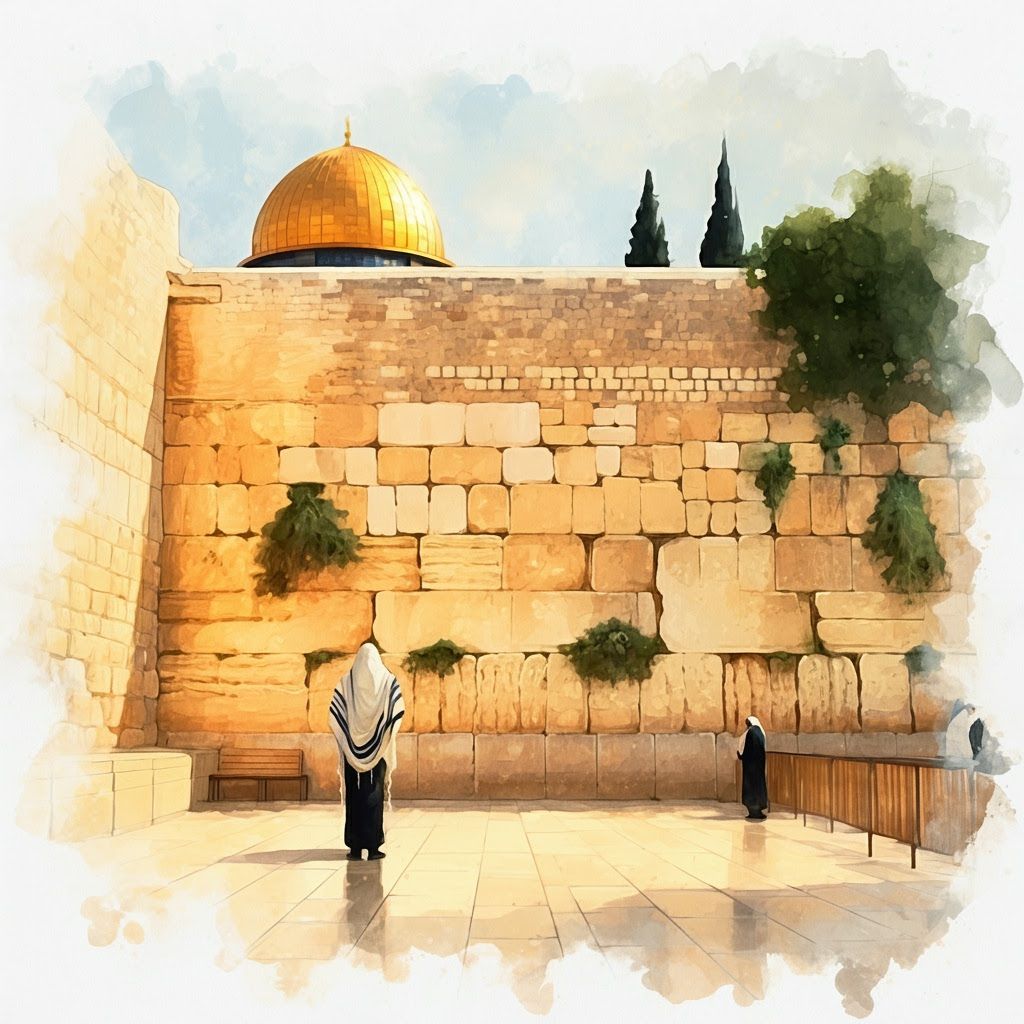 Watercolor Painting of Western Wall in Morning Light