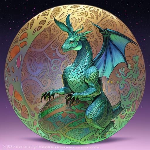 A chocolate bunny hatchling, its scales shimmering with iridescent colors, emerges from a cracked egg carved with fractal patterns. The drag...