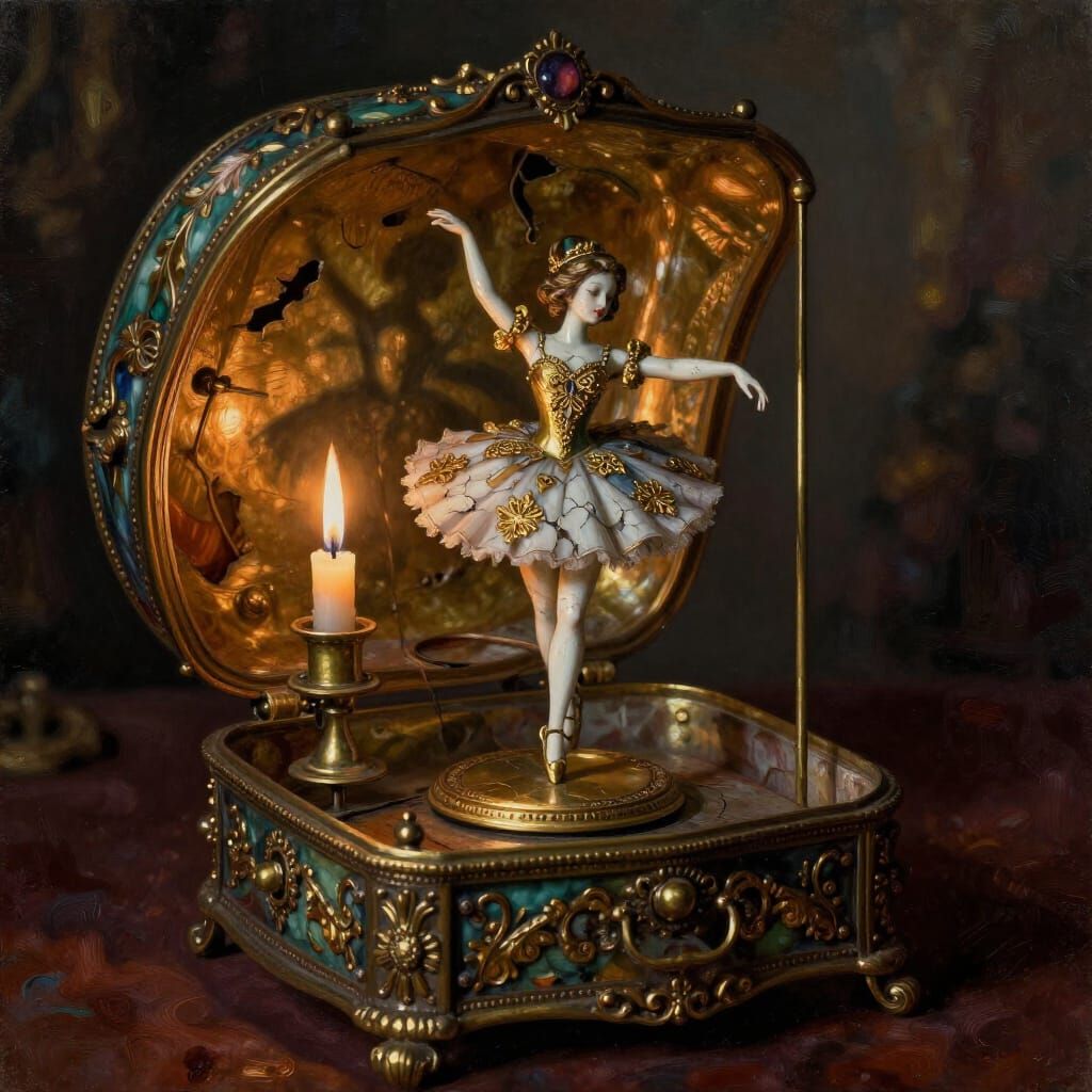 Antique wind-up music box, well loved and worn, but still exquisite