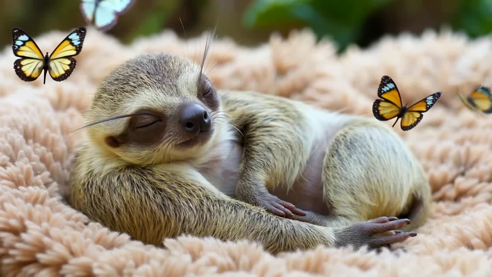 Hyperrealistic baby sloth sleeping on a fuzzy blanket with butterflies flying around