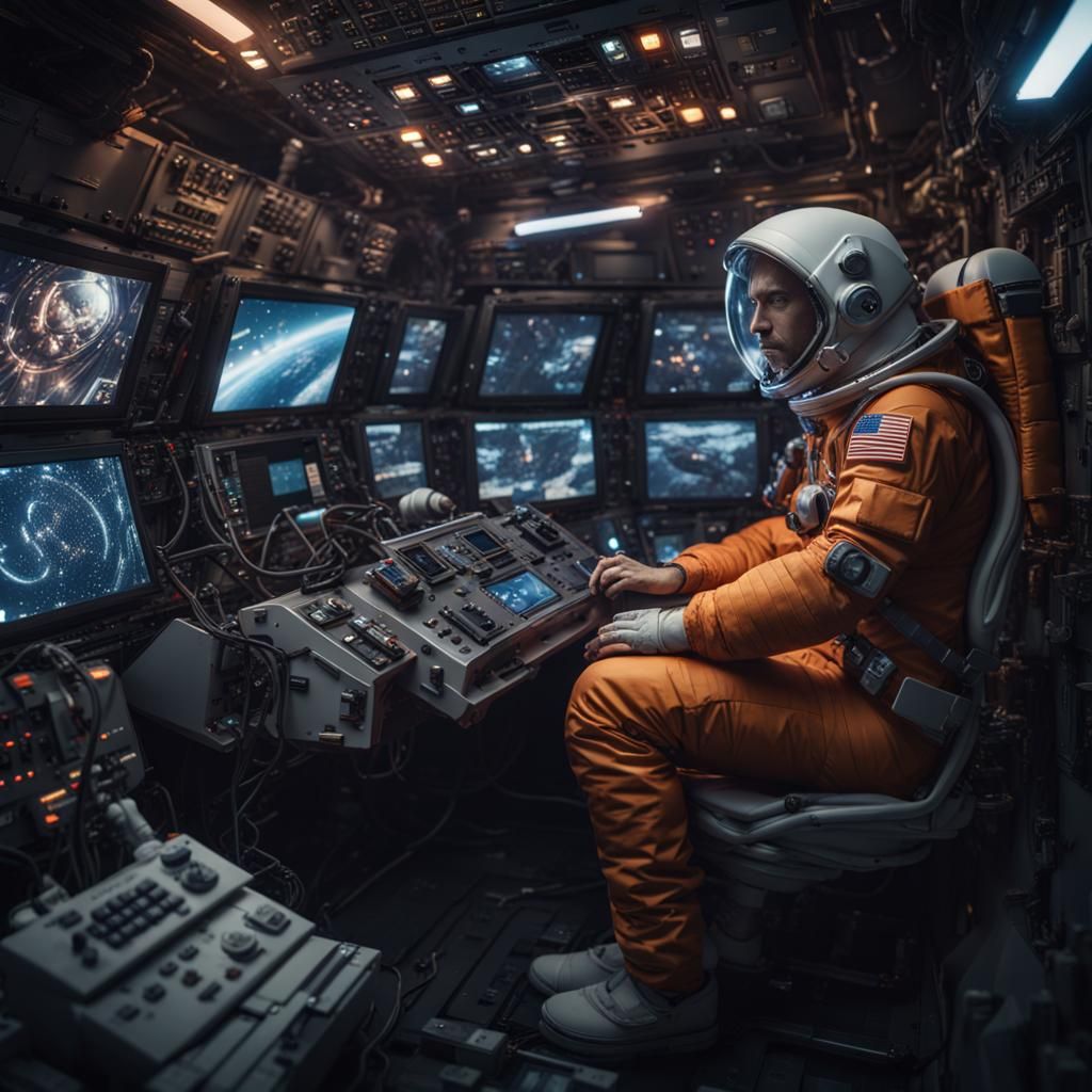 An astronaut, in a jumpsuit is sitting snug in his cockpit with many screens, lights and switches surrounding ...  by @KRoseCarol