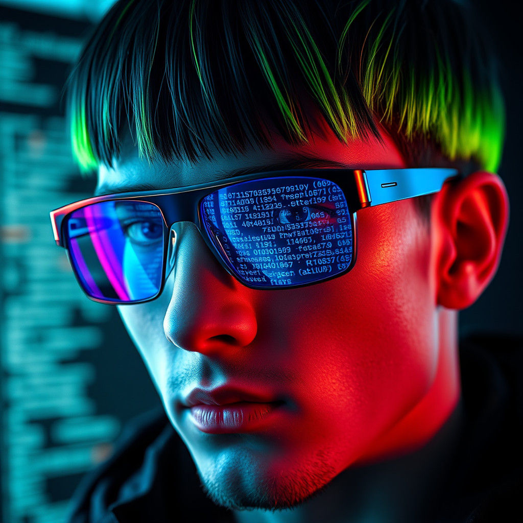 Cyberpunk Hacker with Neon Glasses in Extreme Close-Up