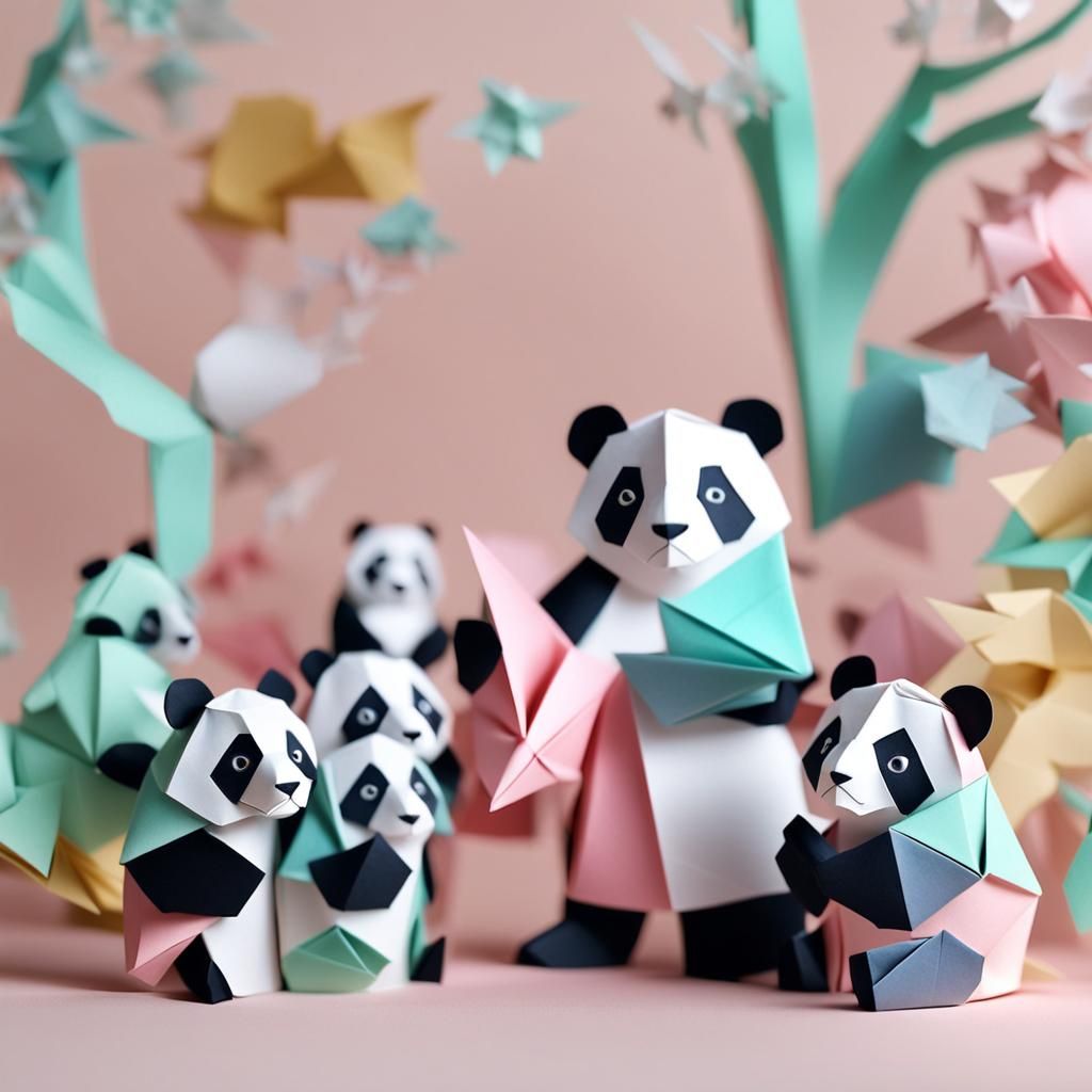 Panda Friends Play in Origami Papercraft Style