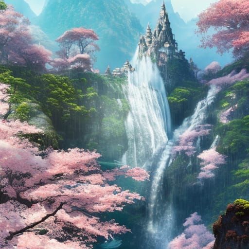 Majestic White Dragon Overlooking Mountain Waterfall Castle
