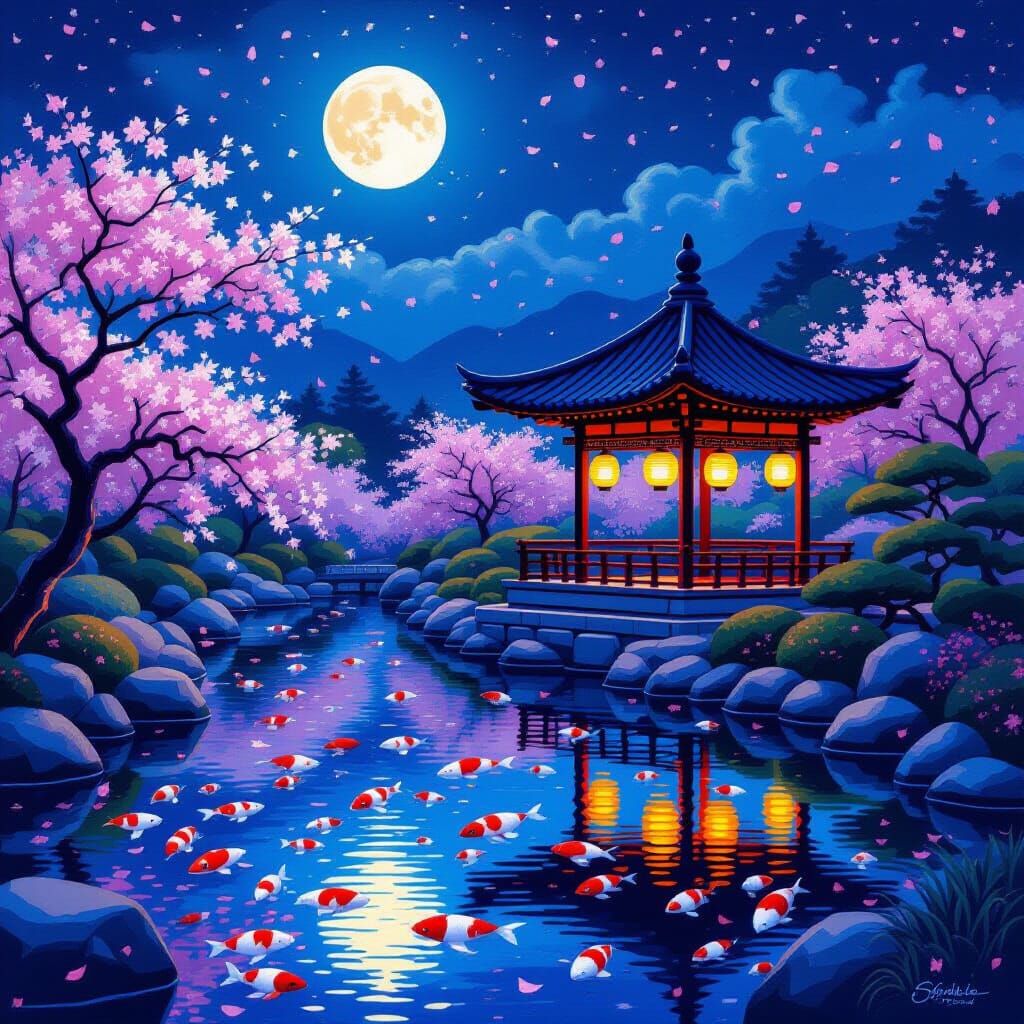 Dreamlike Korean Garden at Night in Pointillist Style