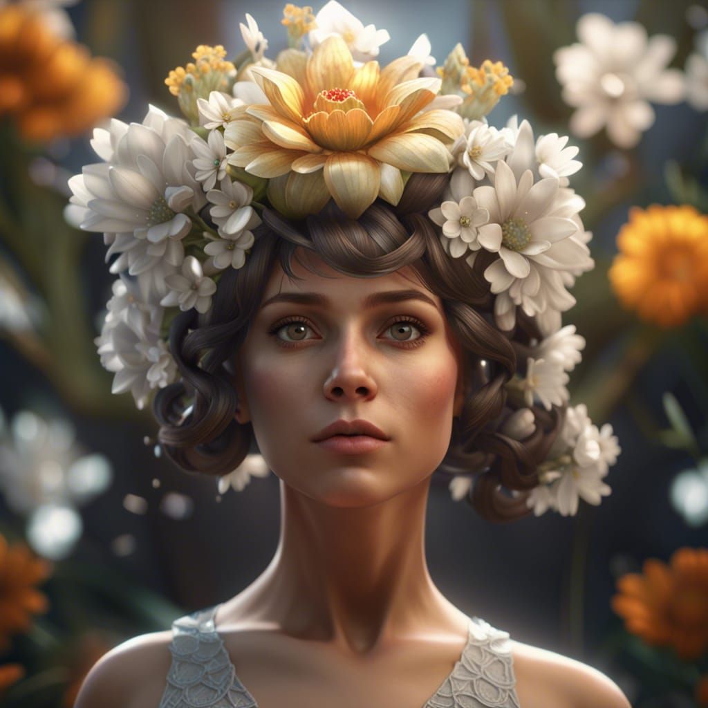 a woman on her head flower she wear dress portrait