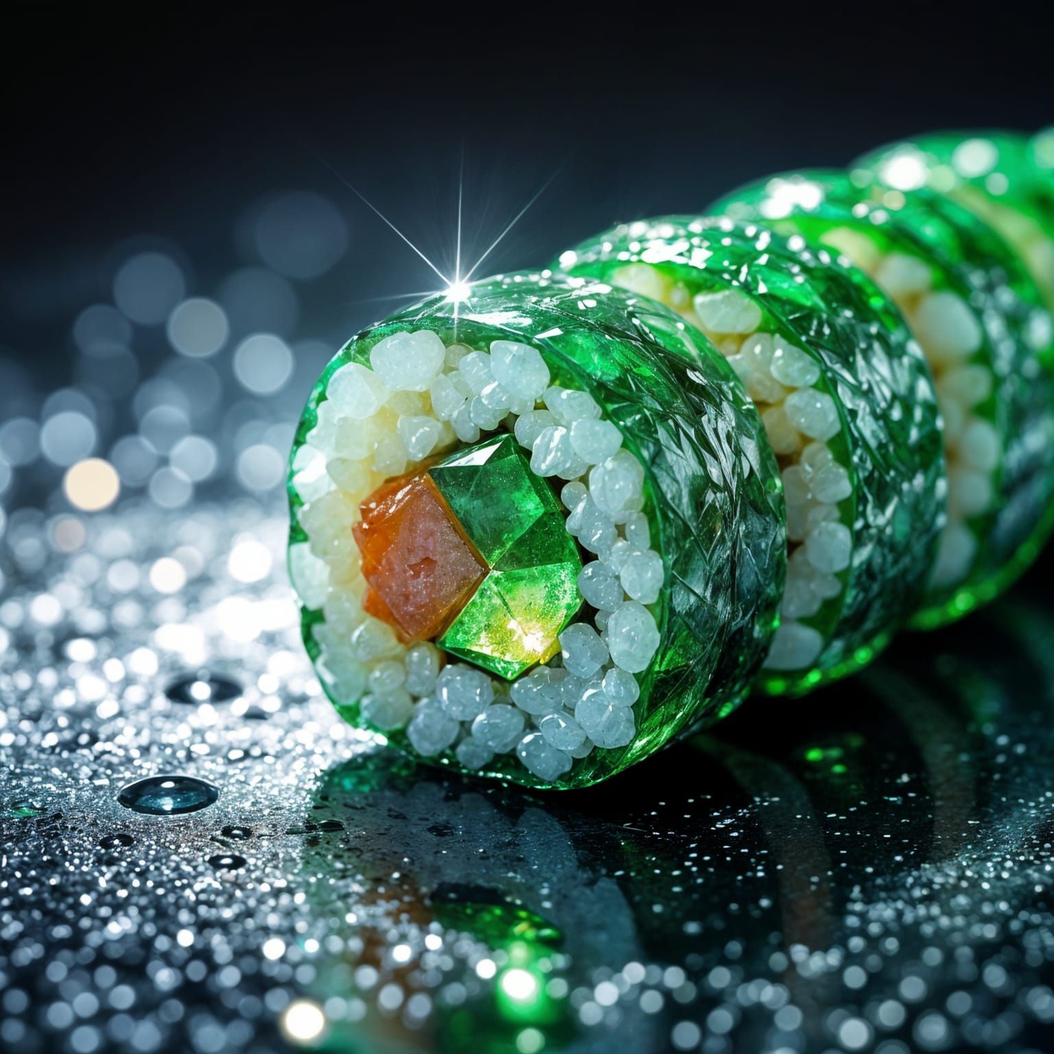 Close-up photograph. For today's "Food Made of Other Things" challenge. A glistening sushi roll is crafted ...  by @Paul Snipes