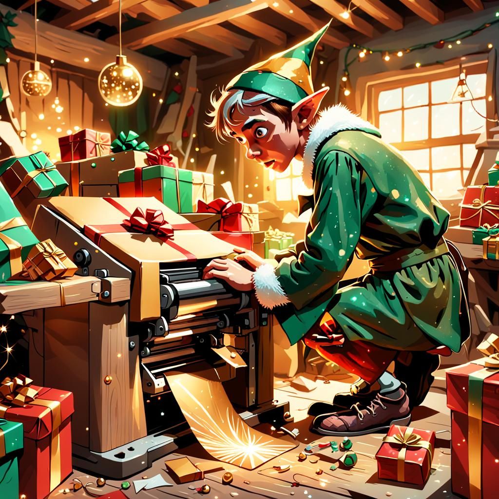 Elf's Chaotic Christmas Workshop in Whimsical 3D Rendering