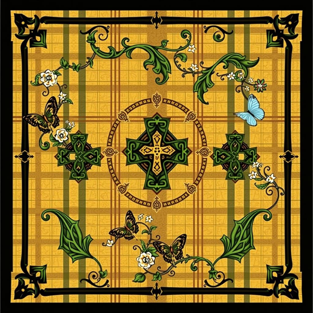 Repeating square fabric tile with square corners, framed in thick solid black line. Ancient “clergy tartan” background. Ornate Celtic crosse...