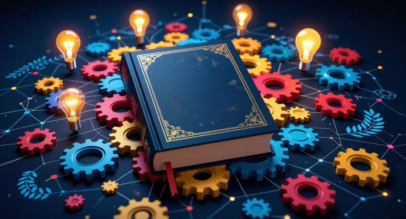 Imagine a profound, closed 'Mastery Book' resting majestically at the heart of the composition, its cover exuding an aura of deep knowledge ...