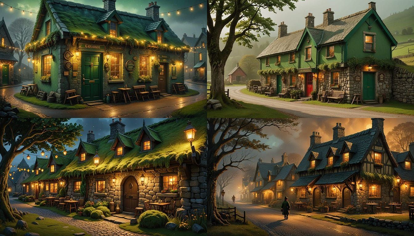 in dublin there is An old irish tavern at the end of a sideroad. The lights glow and there is a leprechaun outside