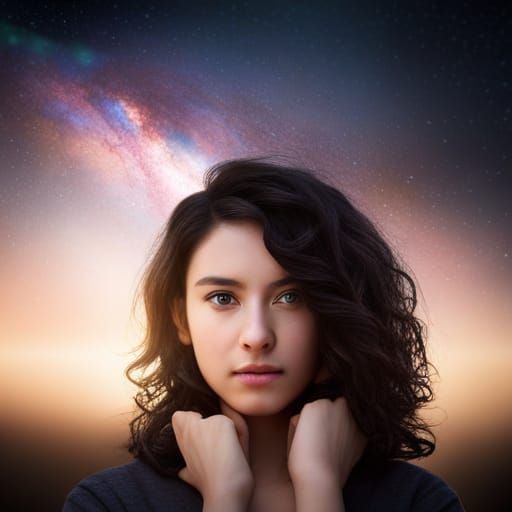 girl with black curly hair and a starry sky