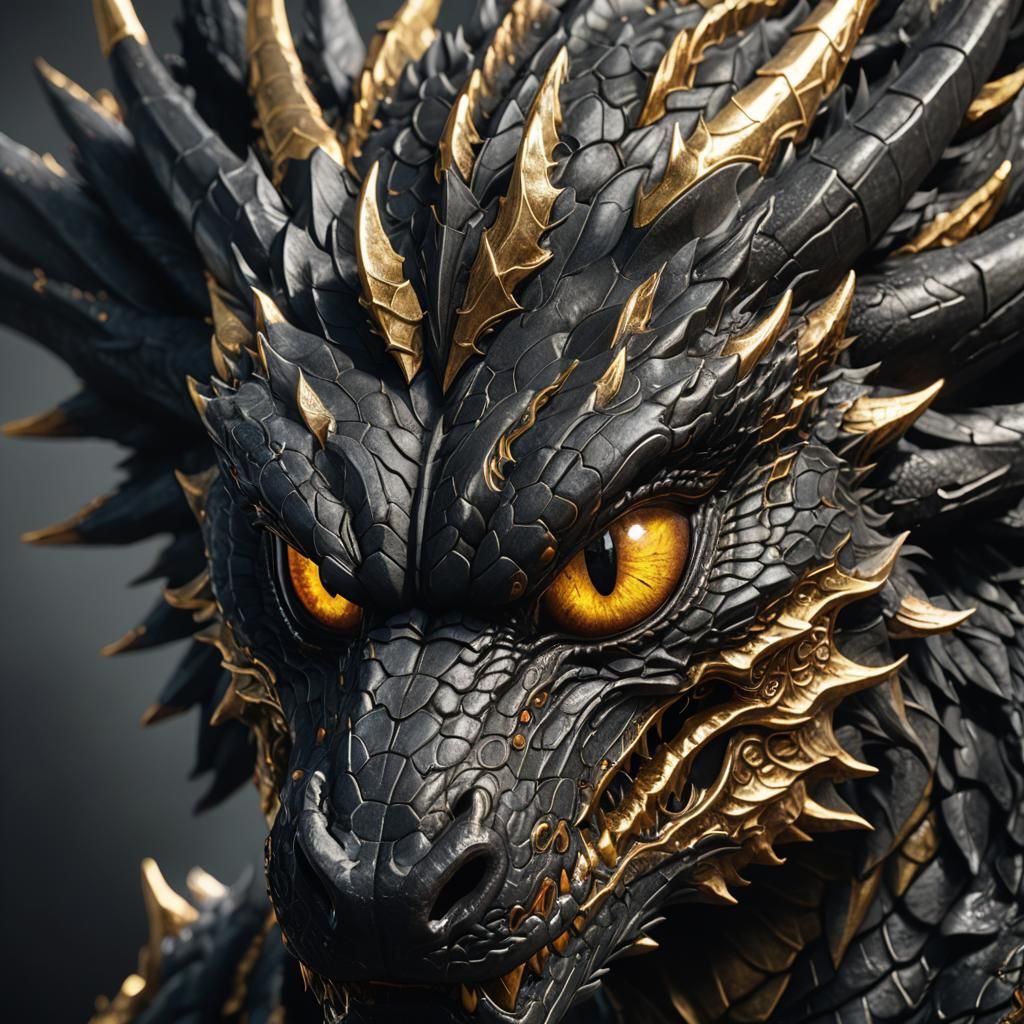 A close up view of a Large black velvet shadow dragon golden...