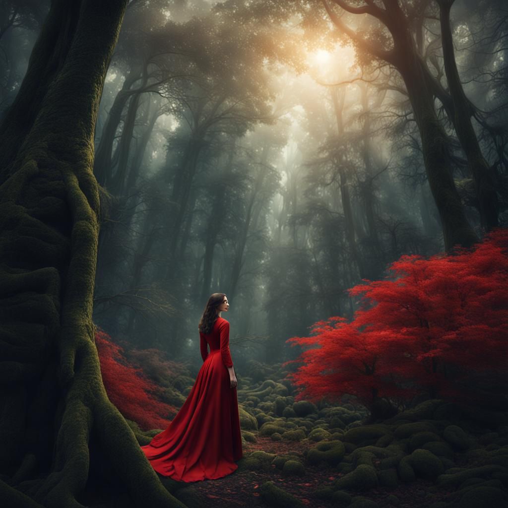 A brunette woman wearing a modest red dress standing in a fo...