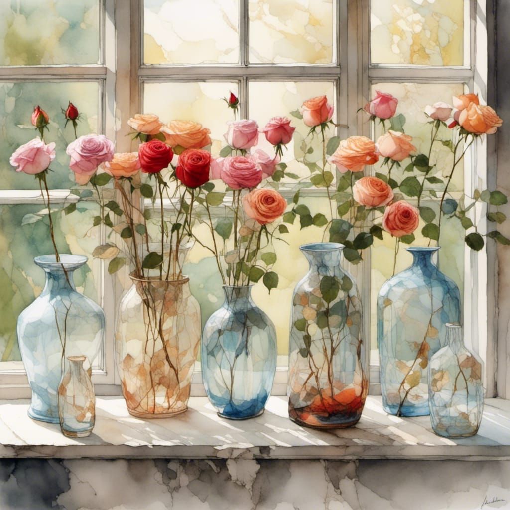 in a windowsill of an old-fashioned window there are many sm...