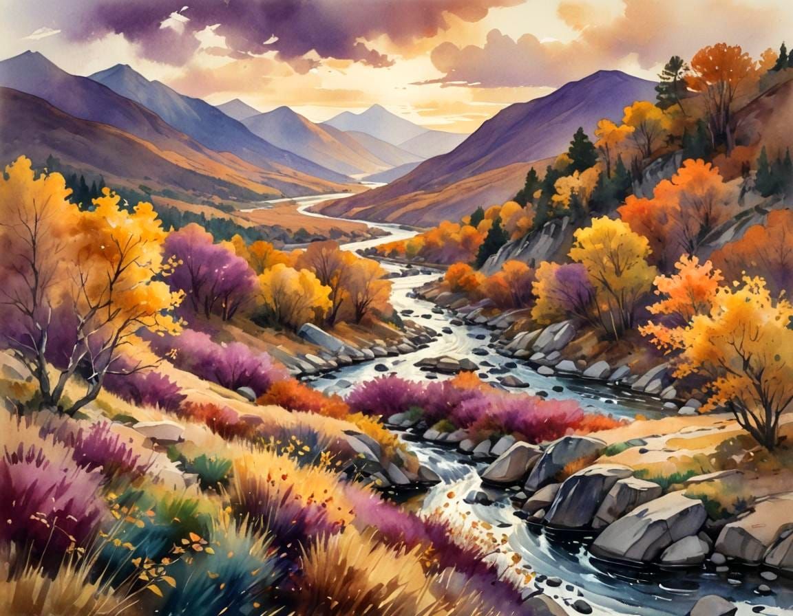 Vibrant Colorful Autumn Landscape in Watercolor Art