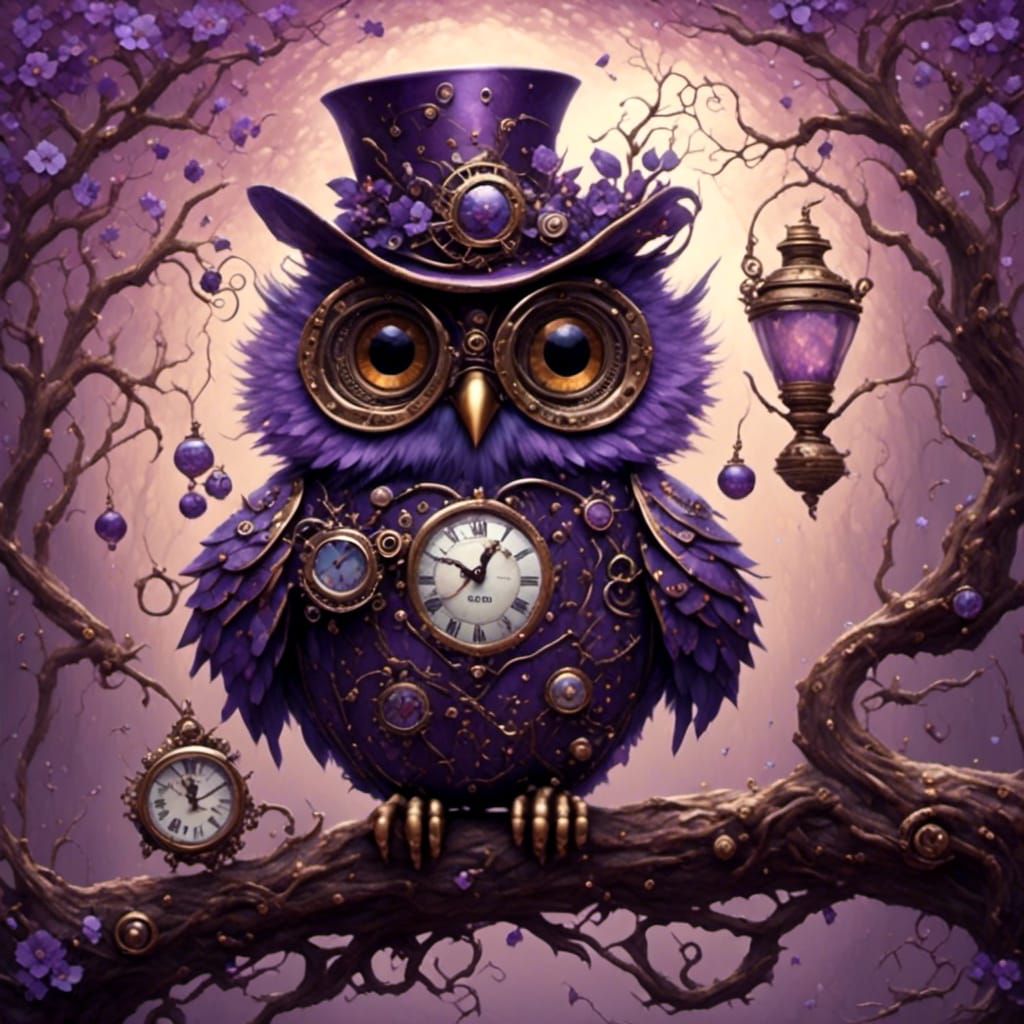 Purple steam punk owl on leafy tree, tim burton, greg rutkowski