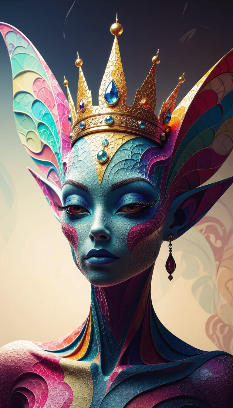 A highly abstract, vibrant, crowned fairy alien composed of hyper-detailed, textured as various skins rugueux. Playing with light, shadow, a...