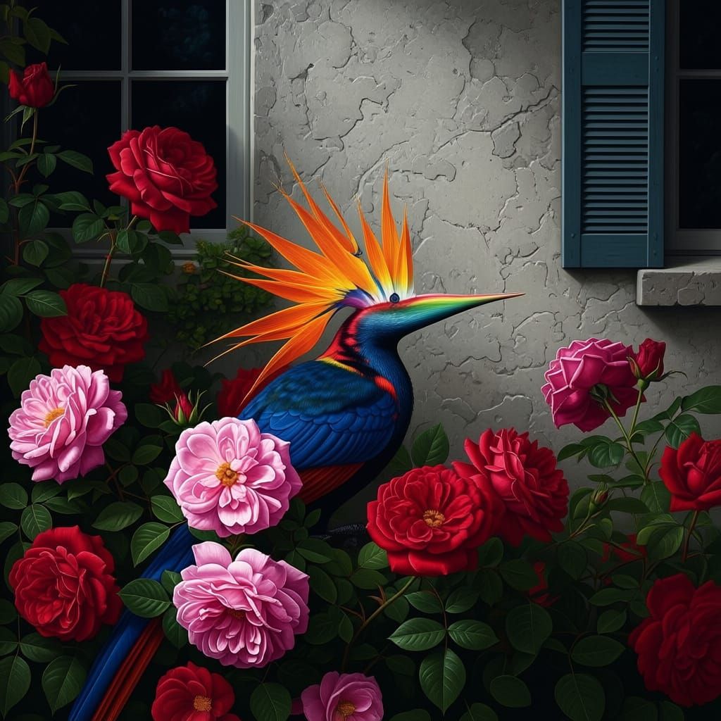 A bird-of paradise surrounded by roses, against the outside gray wall of a house.