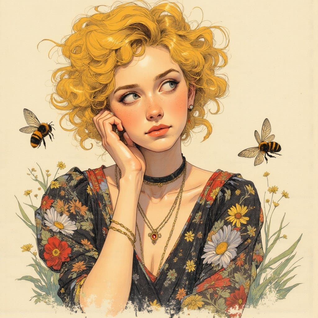 Strawberry Blond Fields and Bumblebees in Messy Oil Portrait...