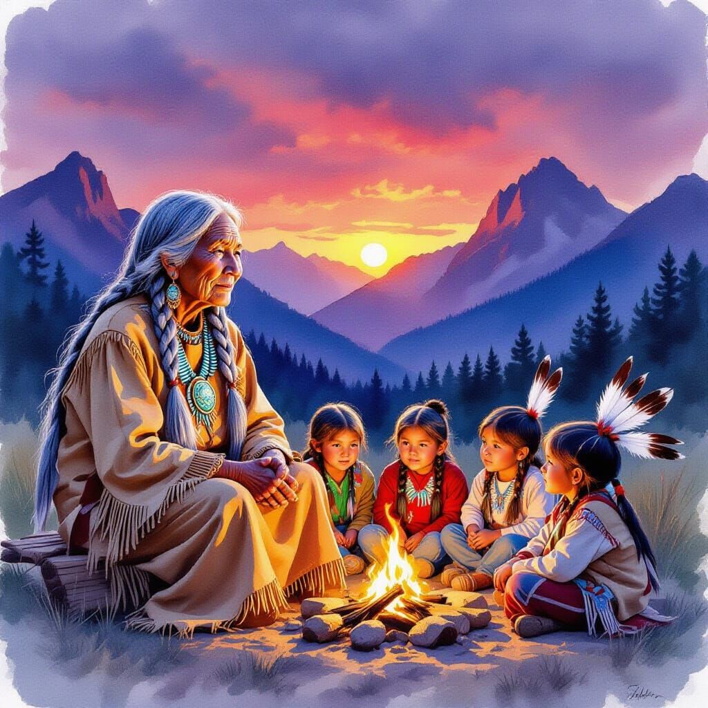 An ultra-realistic creation using watercolors and colored inks. An old Native American woman with long ...  by @Chippy