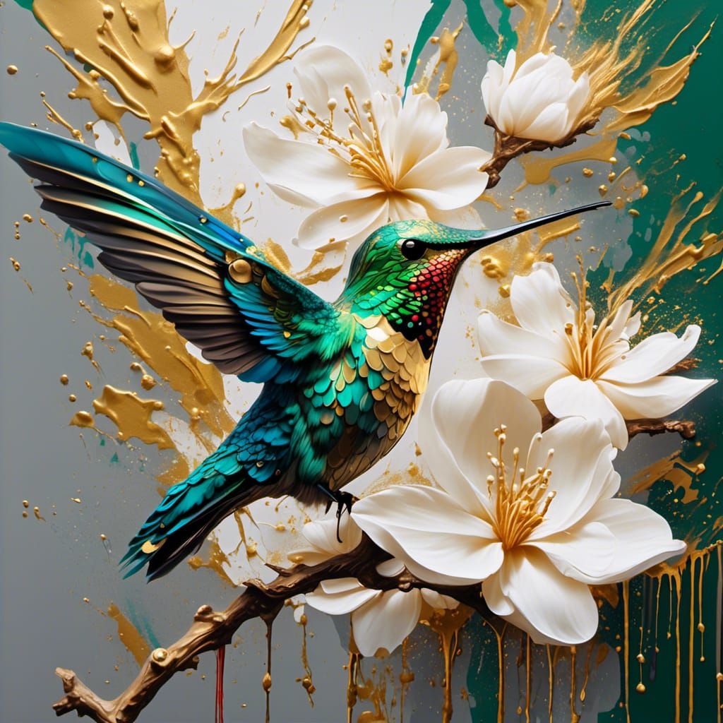 <lora:NC Hyperreal:1.0> Green and gold hummingbird, very det...