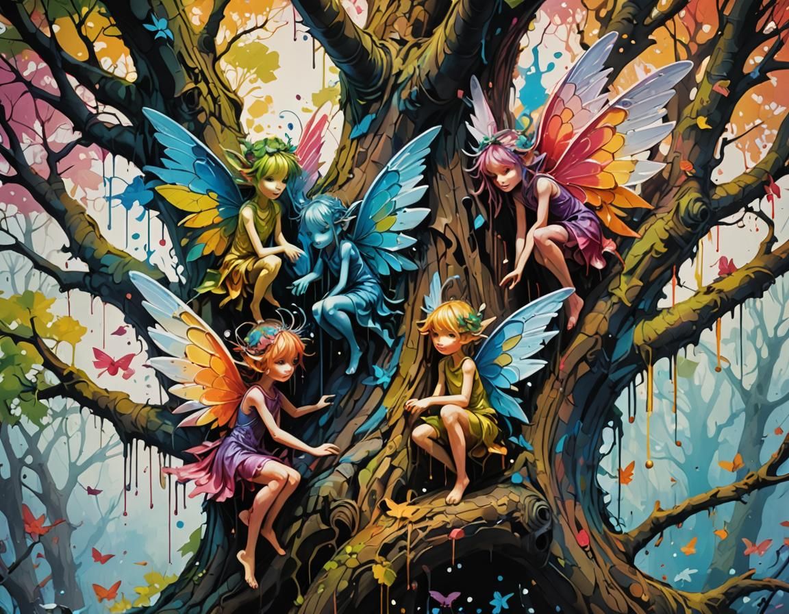 beautiful winged faeries hiding in a tree, splash art, stree...