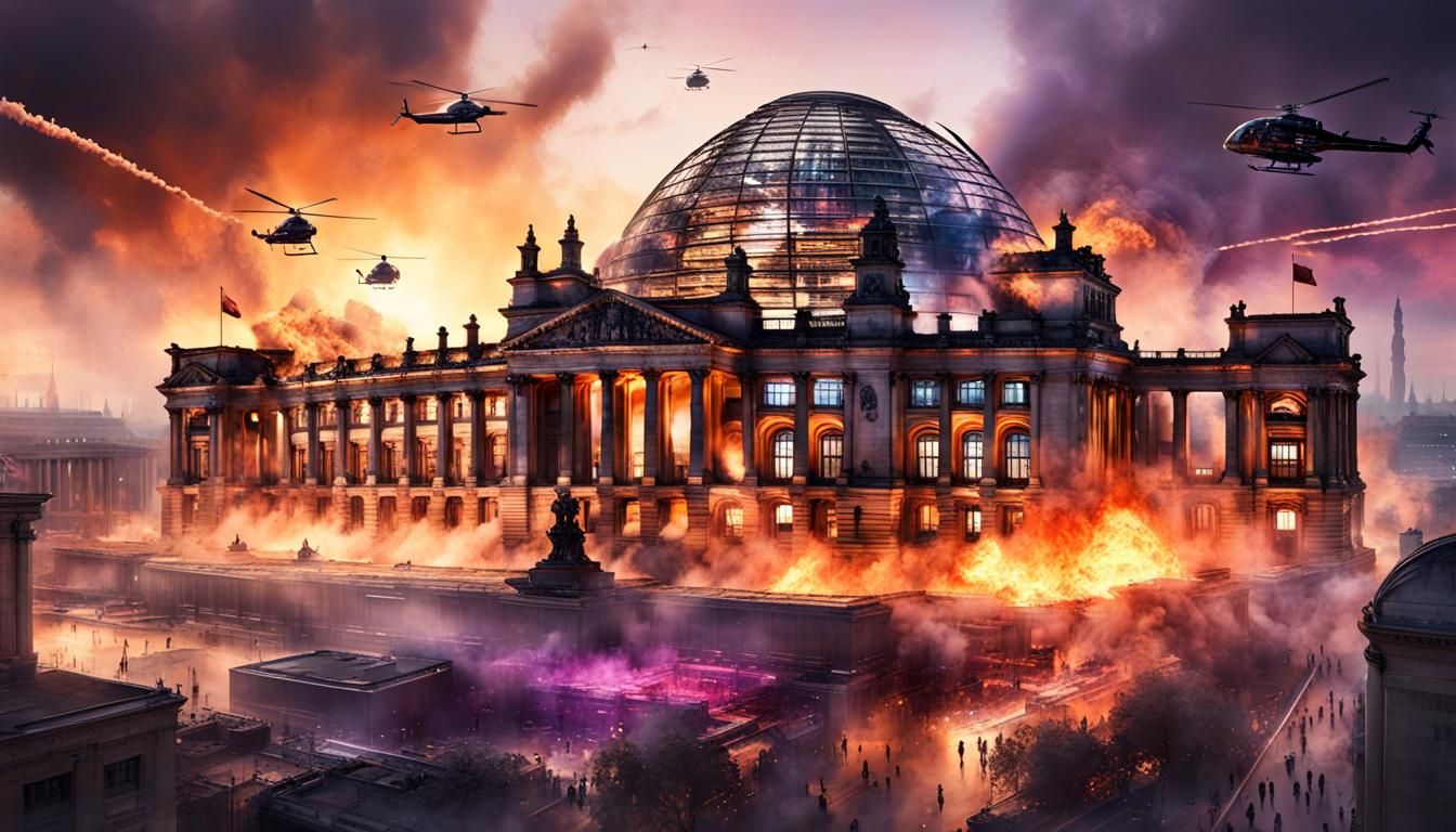 Alien attack. Big alien over the Berliner Reichstag. Helicop...
