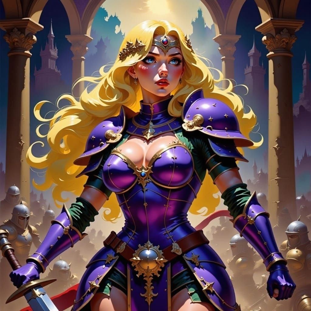 <lora:Medieval Mastery:1.0> Epic, athletic blonde female paladin in intricately crafted, ornate purple armor adorned with golden filigree, g...