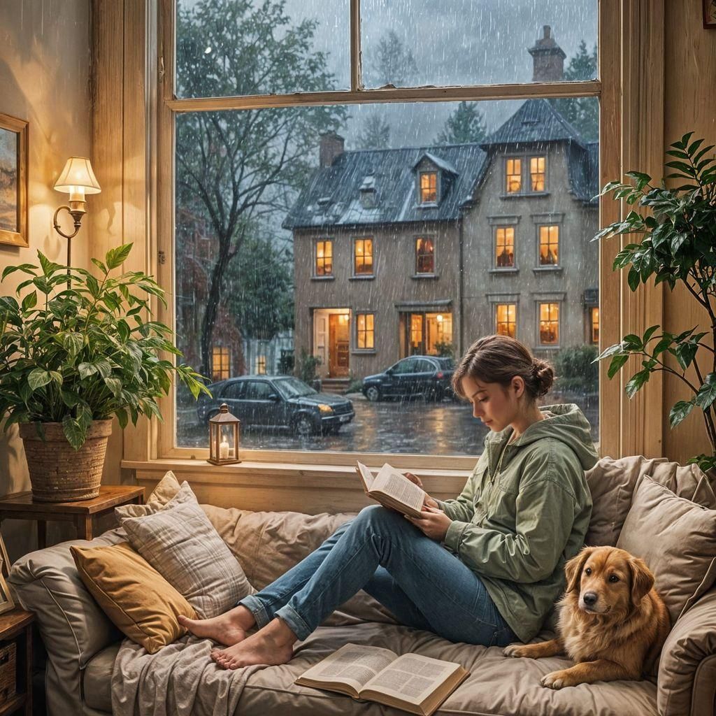 A rainy night viewed through a window, with a cozy nook and a pet curled up nearby  by @GrumpyKitten