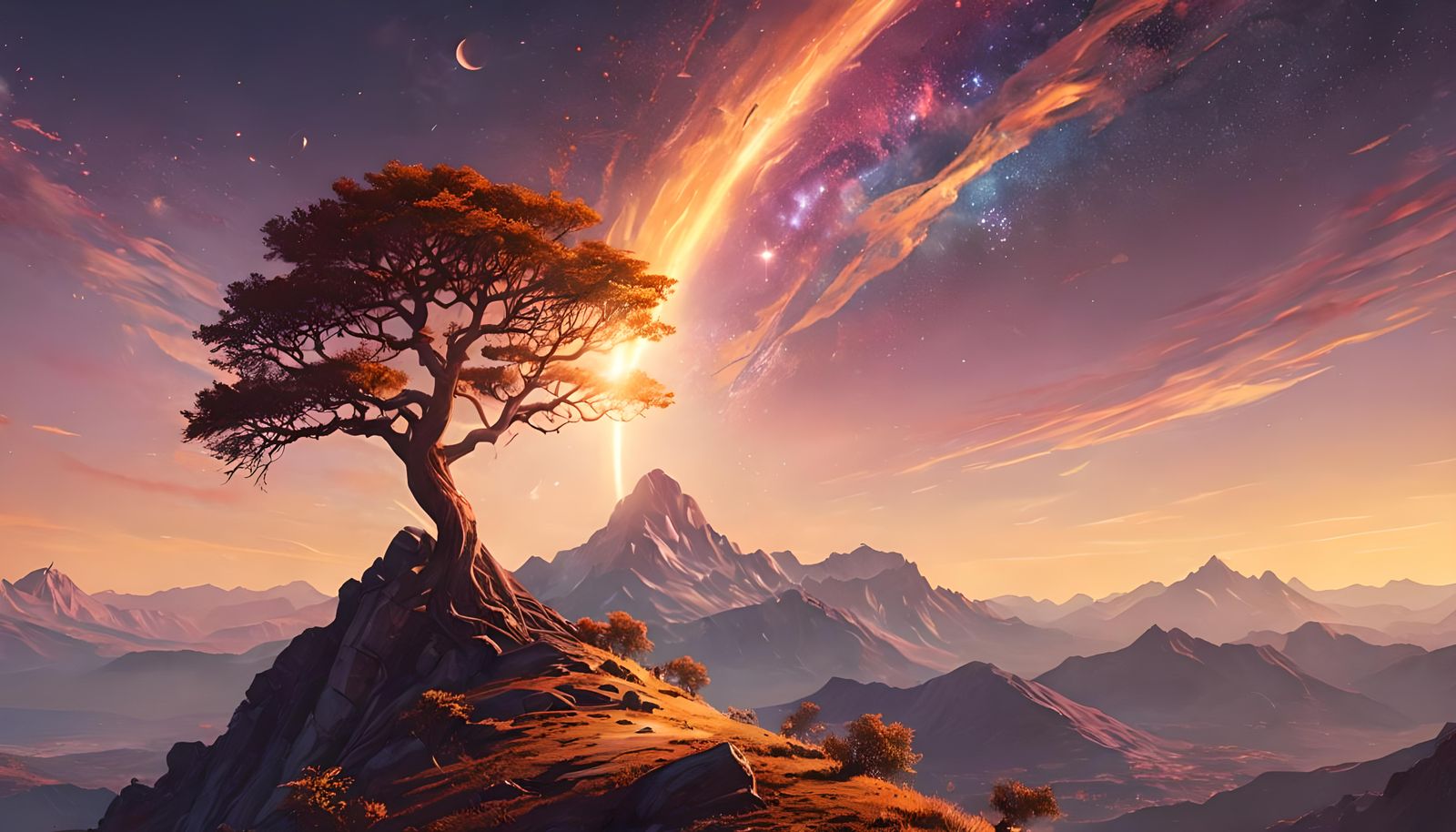 Sunset Mountain Vista with Solitary Tree