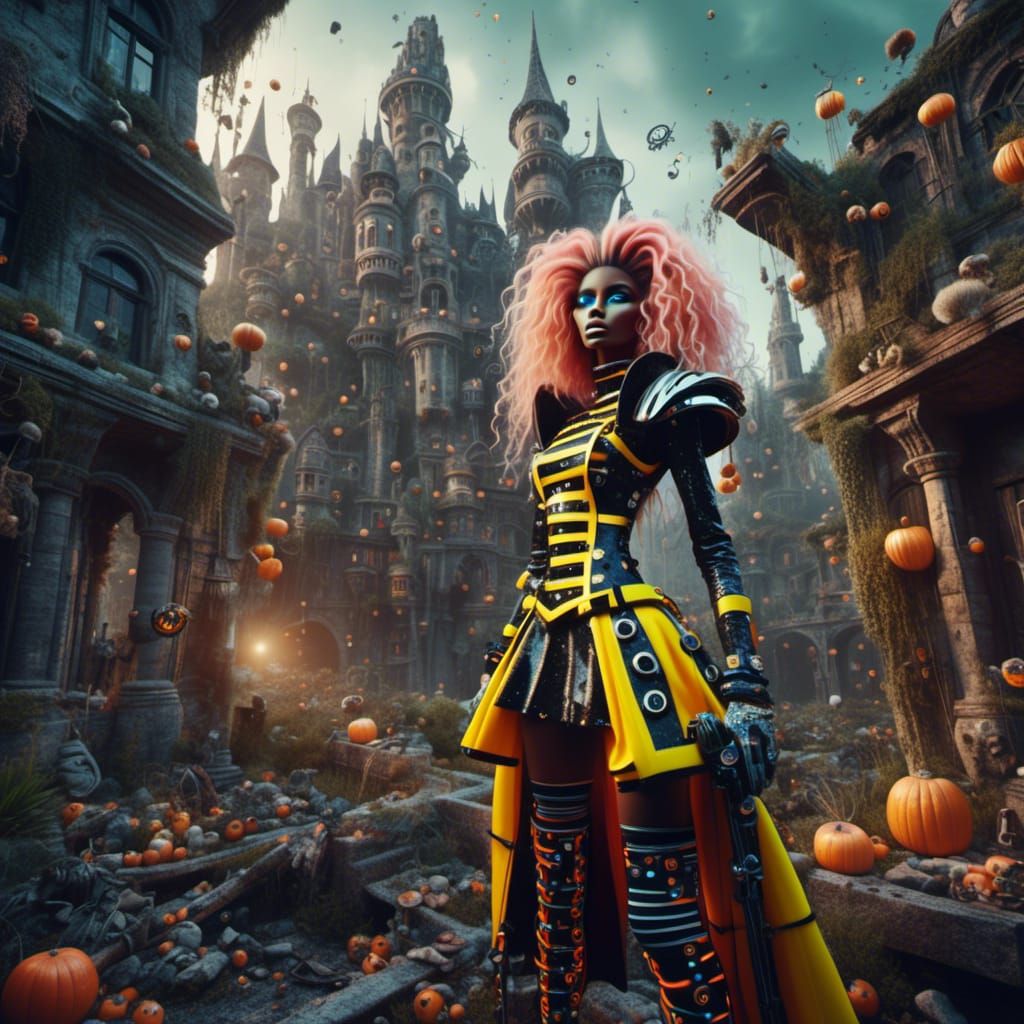 <lora:Upsy-Daisy Crazy:1.0> A medieval knight standing in the ruins of a futuristic city