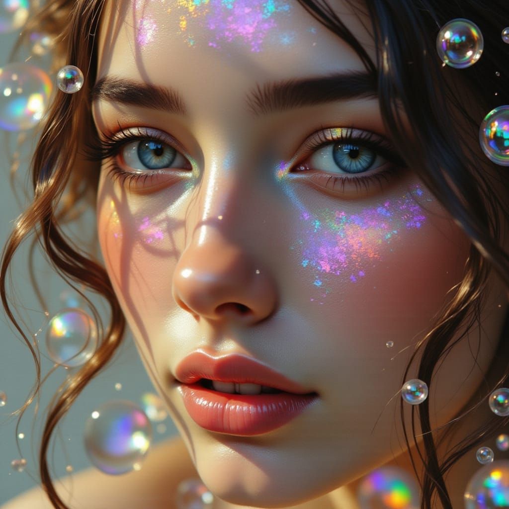 <lora:Digital shimmer:1.0> <lora:GoldenHour:1.0> <lora:GlitchFoilFlux:1.0> <lora:Neurographic Flux:1.0> A close-up portrait of a woman's fac...