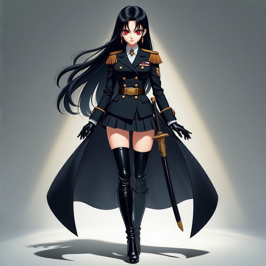 A young anime female admiral with a black navy uniform, a sword, long black hair, red eyes, a coat, high heeled boots, gloves, some jeweller...