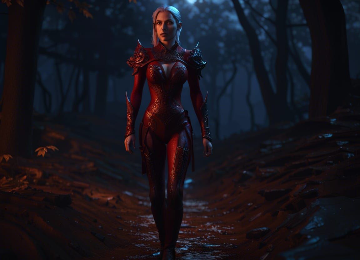 Female half-elf rouge wearing leather body suit, walking in ...