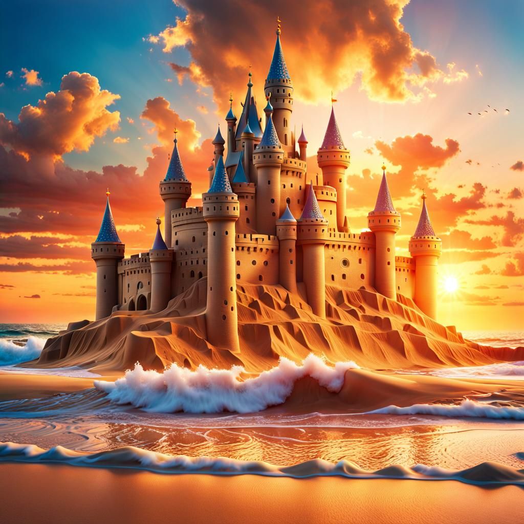 Hyperrealistic Sand Castle at Sunrise