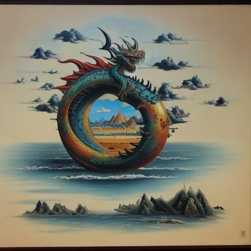 Ink Dragon with Calligraphy in Surrealist Style