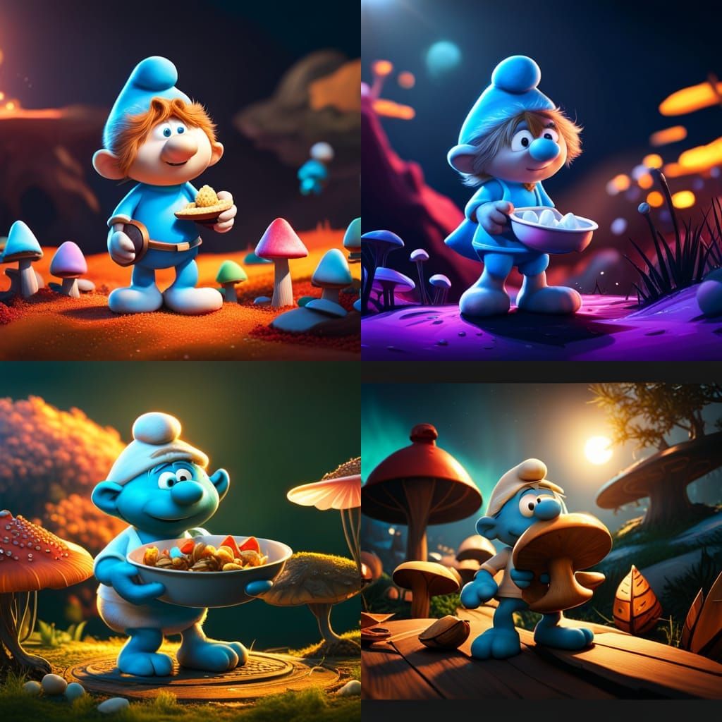 Smurfs eating magic mushrooms - AI Generated Artwork - NightCafe Creator