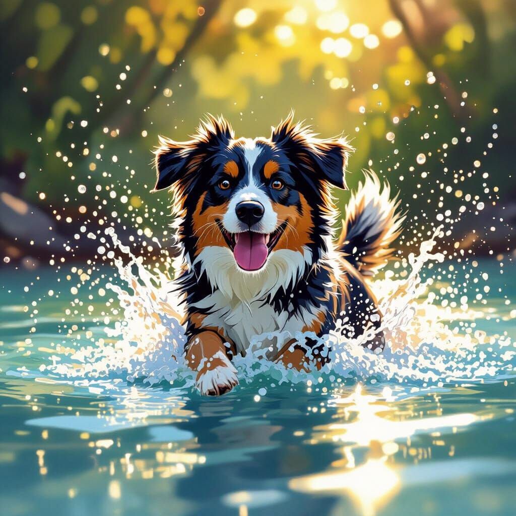 Playful Dog Splashing: A Digital Masterpiece