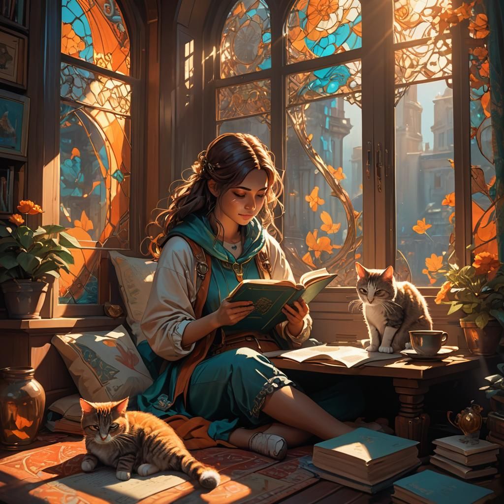 A girl reading a book in a cozy nook by a window, with sunlight streaming in and a cat curled up beside her.