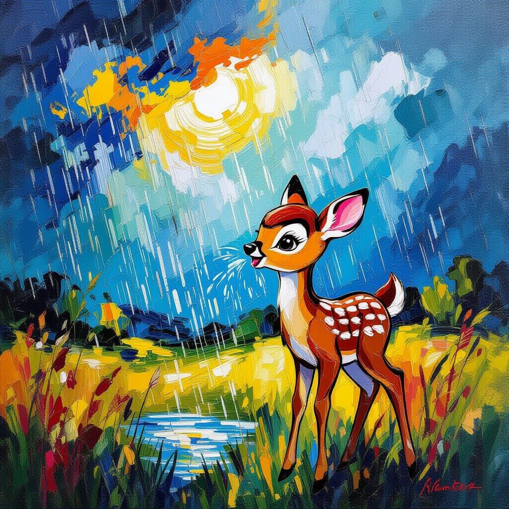 Bambi Receives Rain in Stormy Neo-Impressionist Landscape