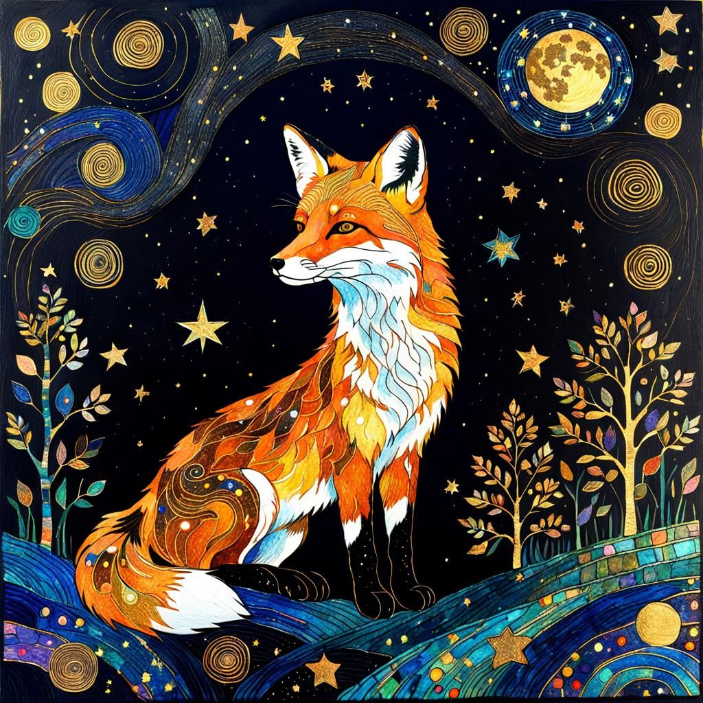 Klimt, black background, colorful collagraph, starry night, golden outlines, fox  by @Rethy