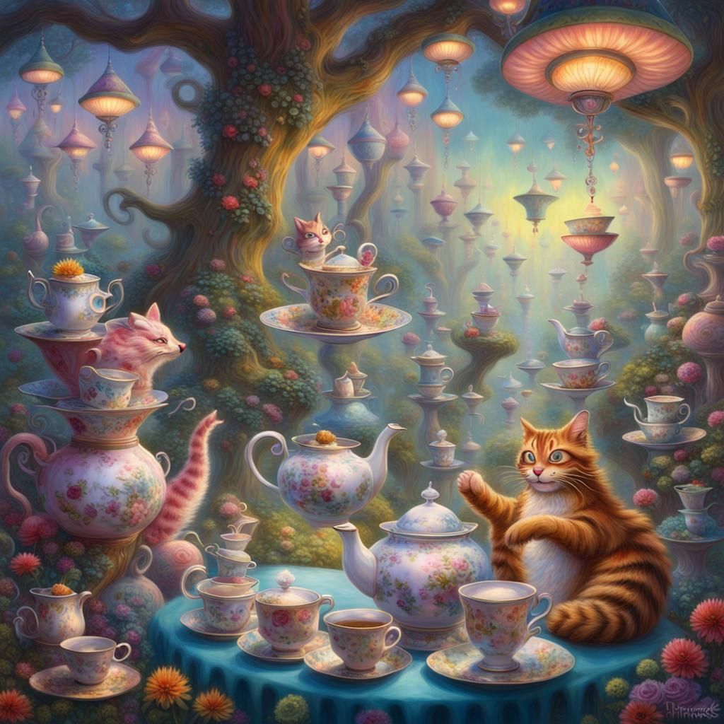 Whimsical, psychedelic scene with floating tea cups and talk...