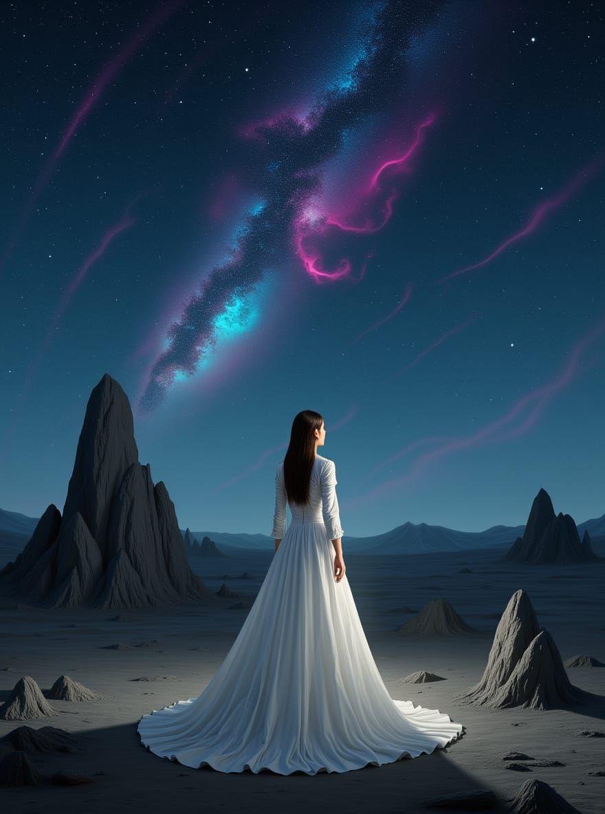 A solitary woman stands on a desolate alien planet, gazing up at a sky filled with swirling nebulae and distant galaxies. The landscape is b...