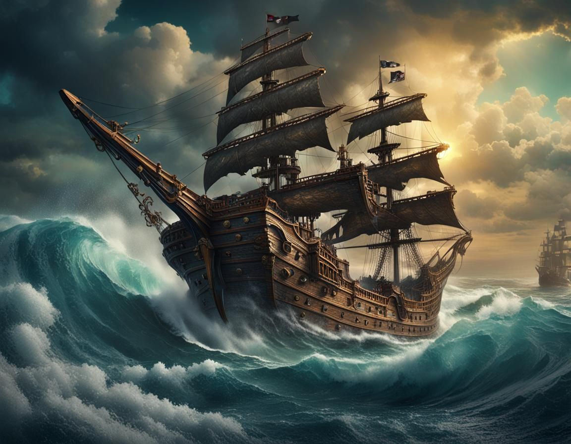 a big vintage pirates wood ship in the middle of 4 meter ocean wave ...