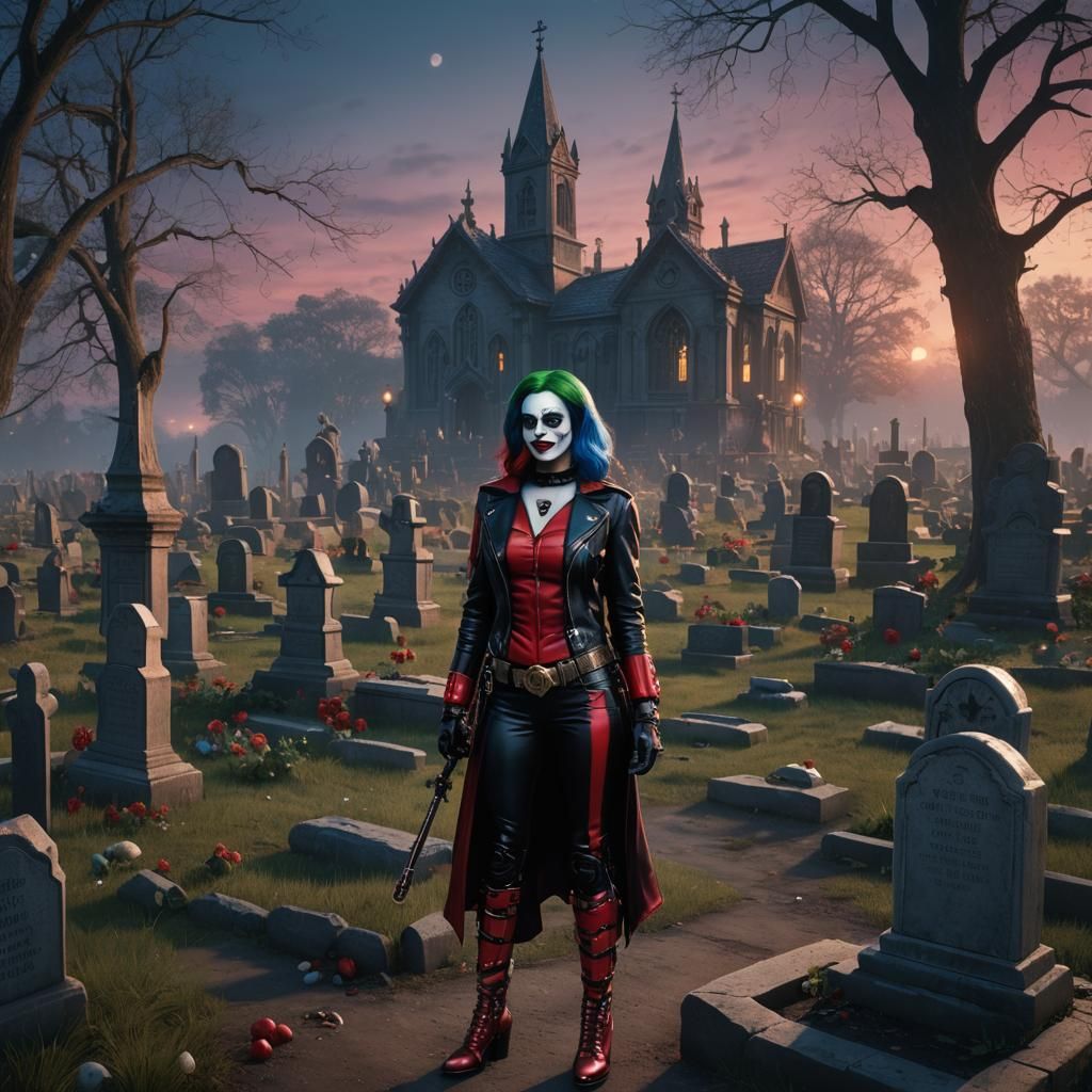 Famke Janssen in a Harley Quinn costume stalks a cemetery in...