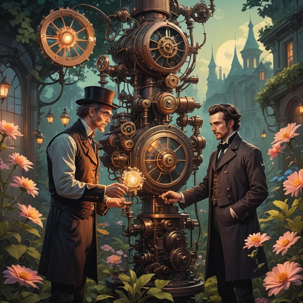 a Master showing to his apprentice a magical flower in a gar...