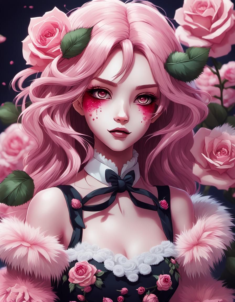 Monster doll woman with beautiful Pink roses with fur dress