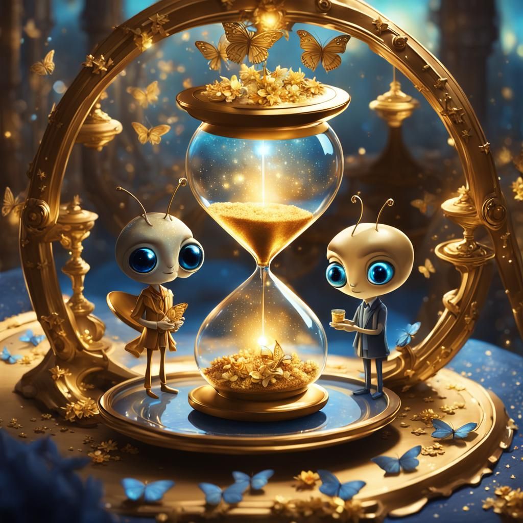 Two aliens on a date in a fancy restaurant. 
With large, exp...