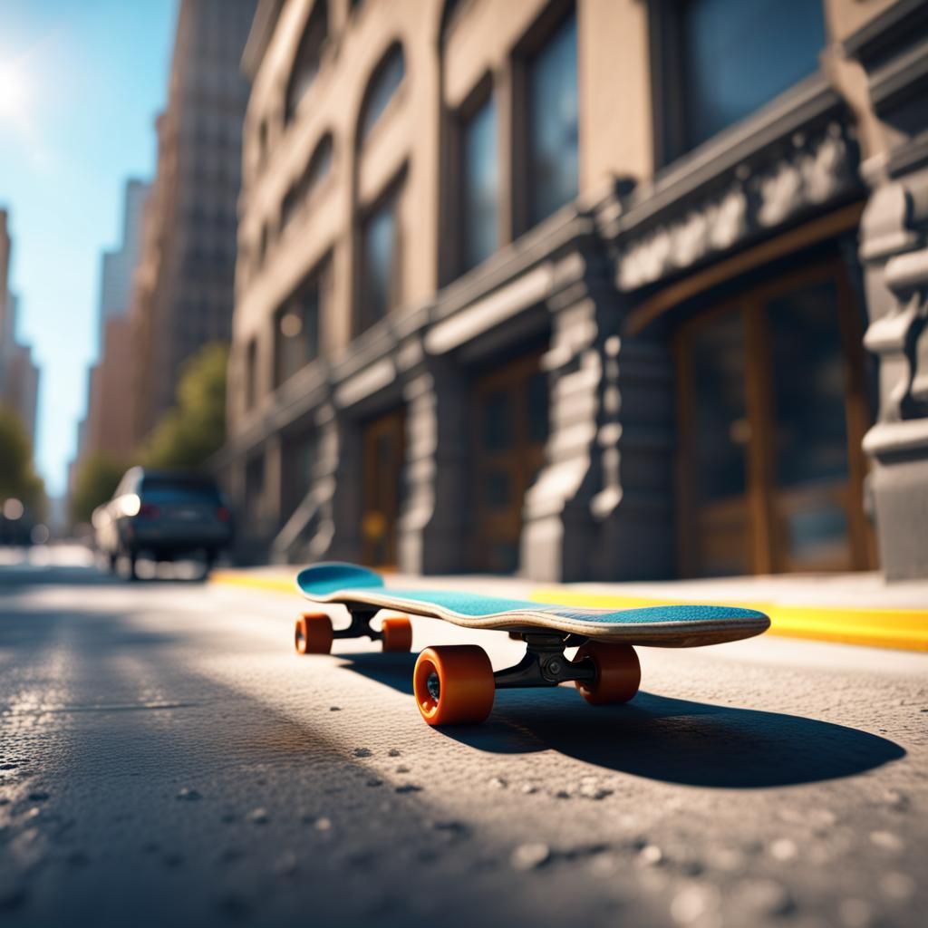 A skateboard rolling on a sidewalk well centered photorealis...